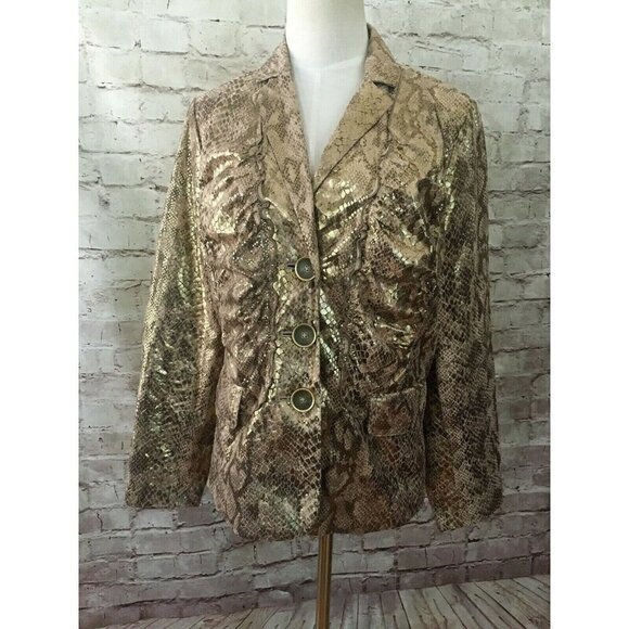 CHICOS 1  Gold Metallic Snakeskin LAYLA Jacket Long Sleeve Ruched Button Front - Picture 1 of 9
